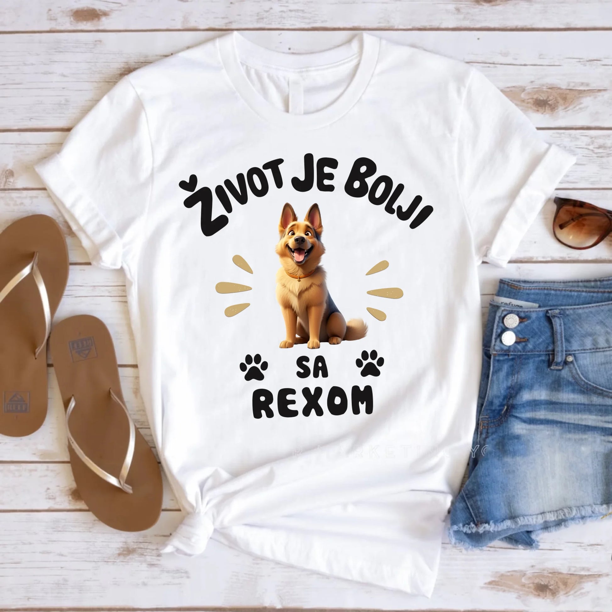White t-shirt with a dog graphic and text on a wooden surface with sandals and shorts.